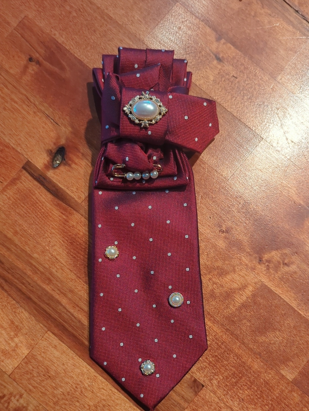 Burgundy Polka Dot Tie with Pearl Brooch